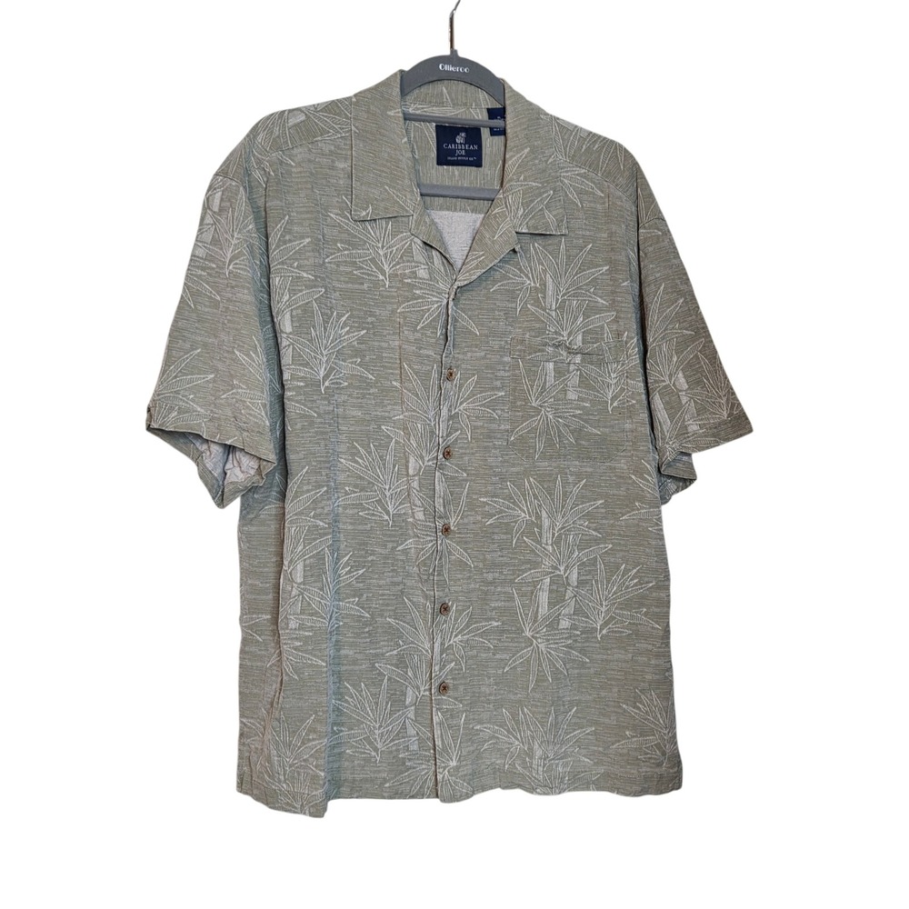 Caribbean Joe Mens XL Silk Bamboo Print Camp Shirt Green Short Sleeve Button